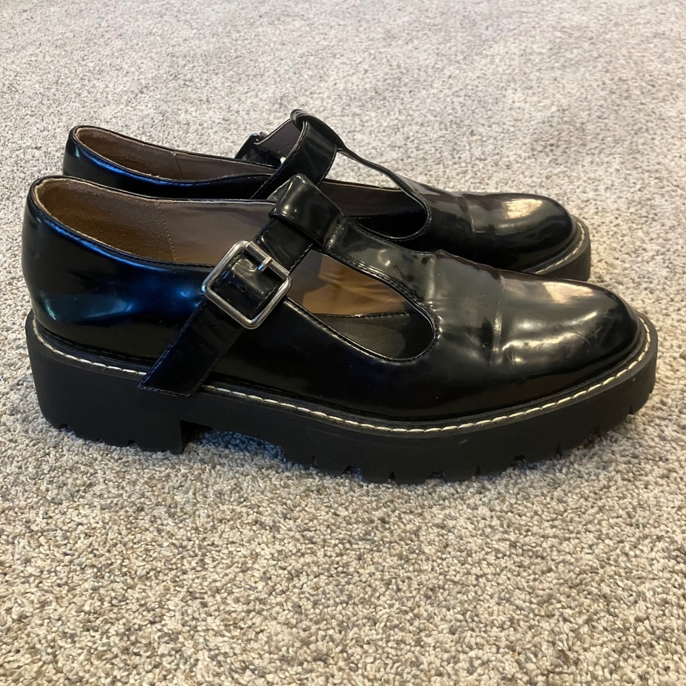 Madden Girl Janne Black Patent Lug Sole Platform Mary Jane Shoes 9M Chunky